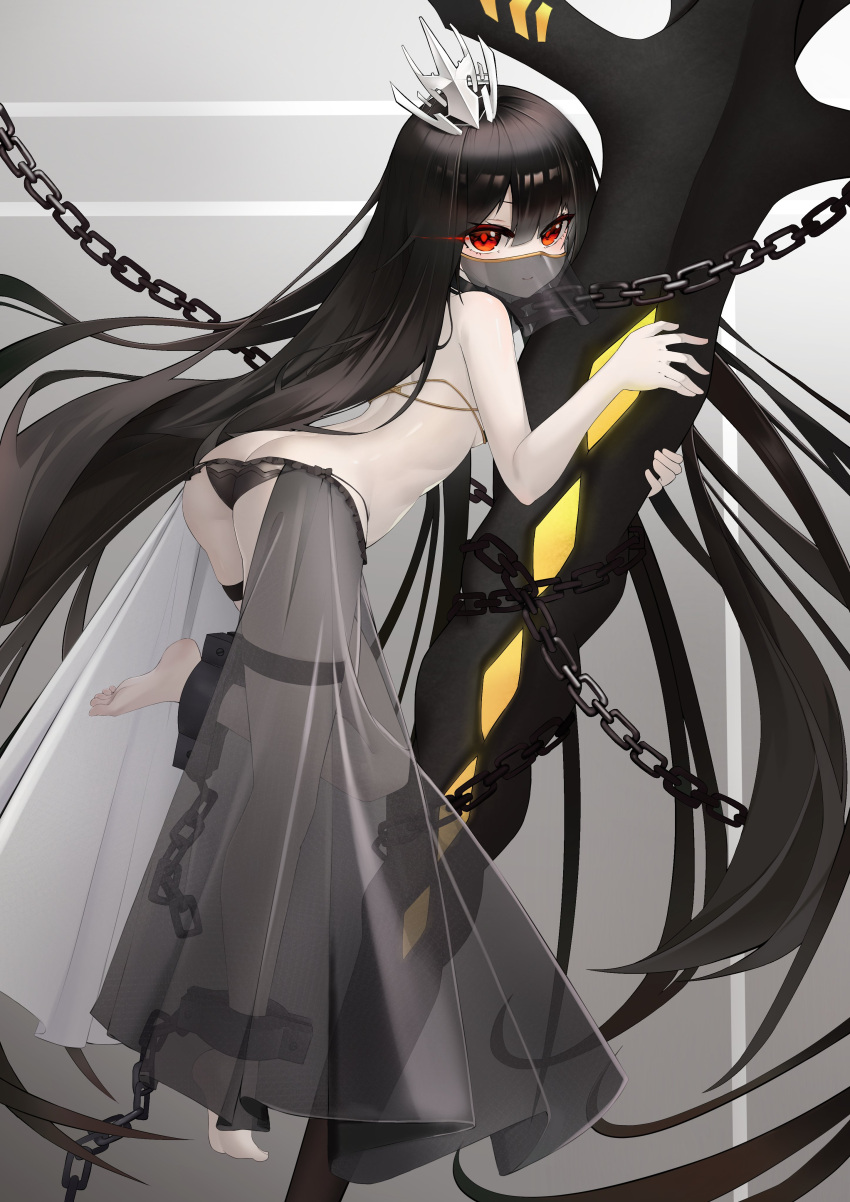 1girl absurdres ash_arms ass black_hair breasts chain flan99912537 hair_between_eyes hair_ornament highres leg_up long_hair looking_at_viewer panties red_eyes simple_background small_breasts solo underwear weapon white_background