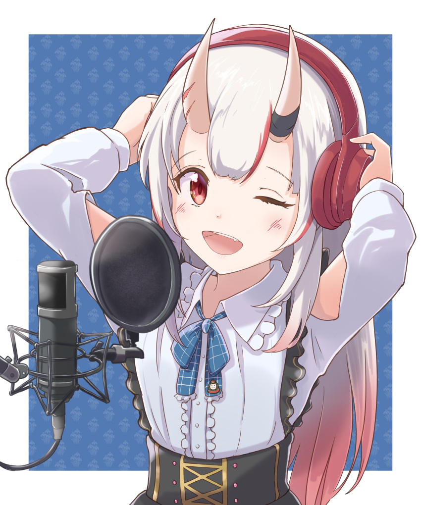 1girl ;d absurdres arms_up black_skirt blue_background blue_bow blush bow breasts center_frills clothing_cutout collared_shirt commentary_request fang floral_background frills gradient_hair hands_on_headphones headphones highres hilamaru hololive horns long_hair long_sleeves looking_at_viewer microphone multicolored_hair nakiri_ayame one_eye_closed oni oni_horns red_eyes red_hair shirt shoulder_cutout skirt small_breasts smile solo streaked_hair suspender_skirt suspenders two-tone_background very_long_hair white_background white_hair white_shirt