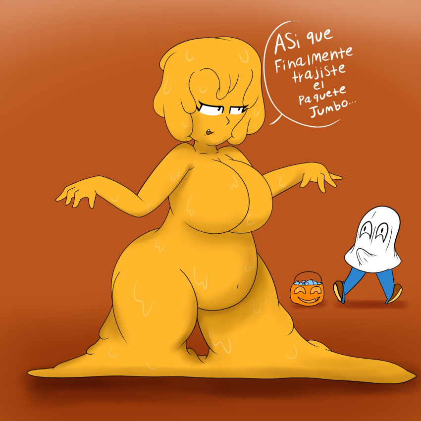 1:1 2020 anthro belly big_breasts biped bloocherrypie breasts clothed clothing curvy_figure dialogue duo erection erection_under_clothing female front_view ghost_costume goo_creature goo_humanoid halloween hi_res holidays humanoid male navel open_mouth orange_background orange_body simple_background spanish_text text thick_thighs voluptuous wide_hips