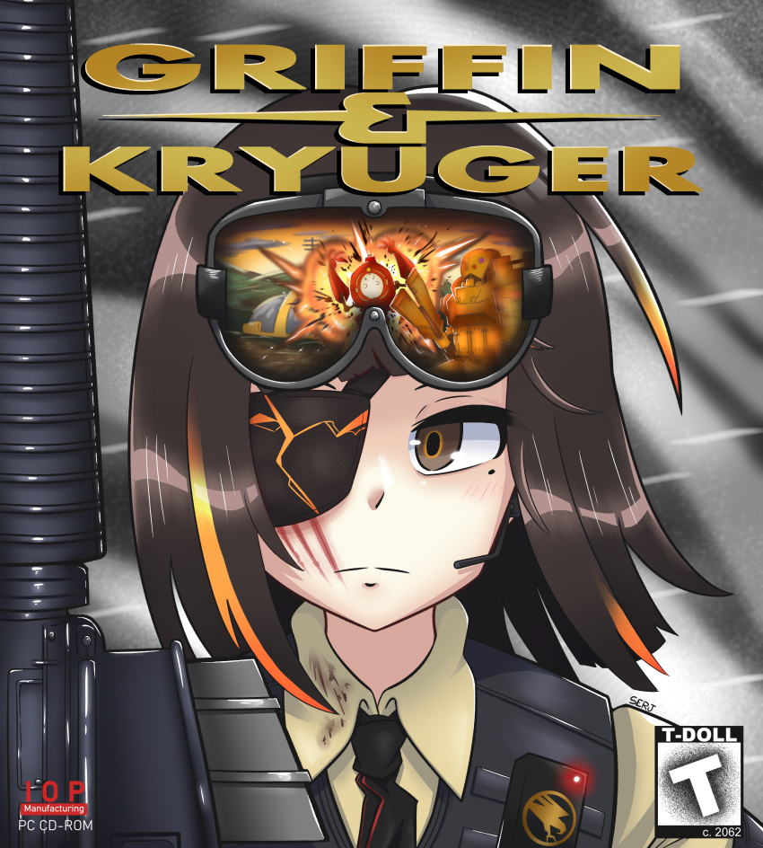 1girl absurdres assault_rifle black_hair brown_eyes command_and_conquer commission eyepatch girls'_frontline goggles goggles_on_head gun highres m16 m16a1_(girls'_frontline) magazine_(weapon) mole mole_under_eye multicolored_hair orange_hair parody rifle serjatronic solo streaked_hair upper_body weapon