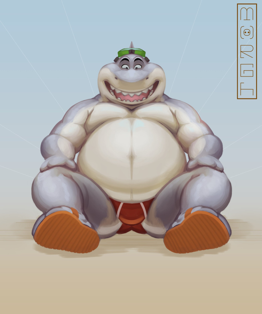 2022 absurd_res anthro belly big_belly bulge clothing dreamworks fish grey_body hi_res male marine mr._shark_(the_bad_guys) overweight overweight_male shark sitting solo swimwear the_bad_guys themorghull