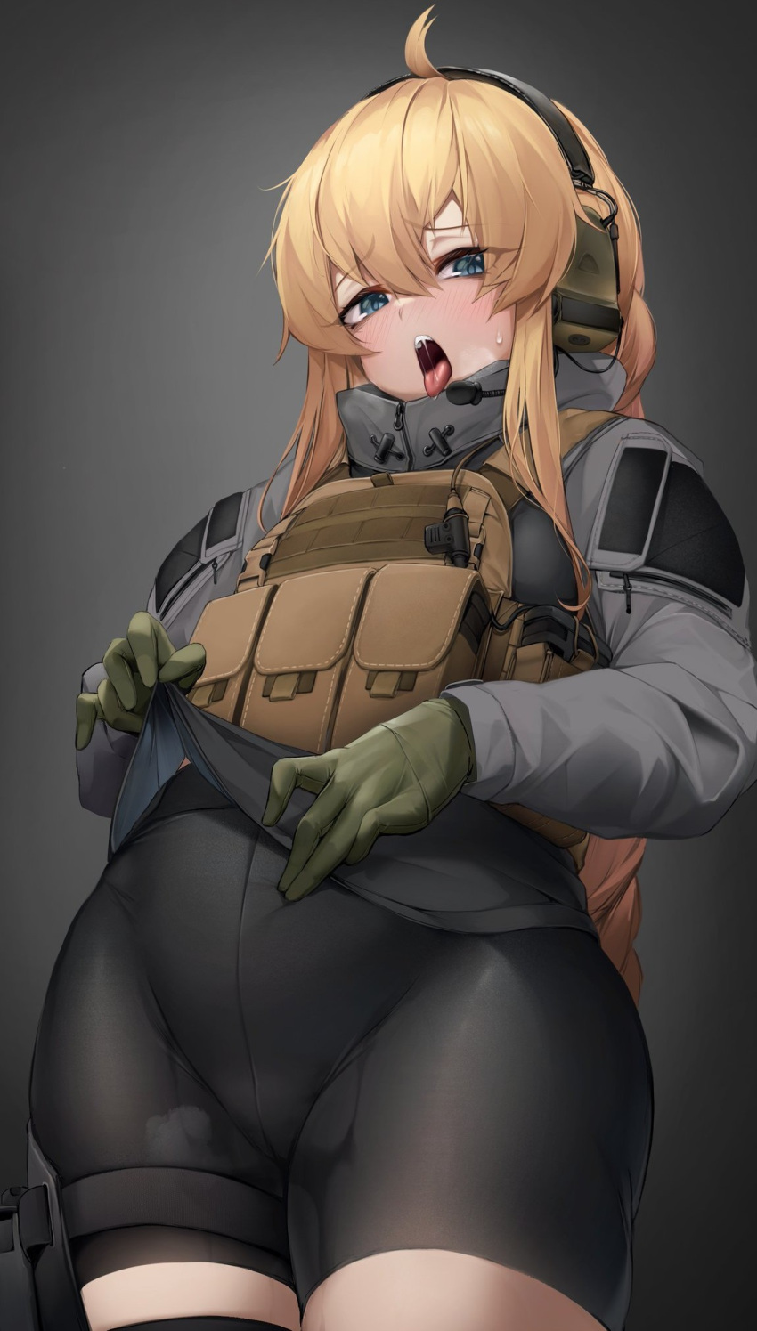 1girl ahoge bike_shorts black_pants blonde_hair blue_eyes blush braid braided_ponytail cowboy_shot gloves green_gloves grey_jacket headphones headset highres indie_virtual_youtuber jacket ka941 leg_holster load_bearing_vest looking_at_viewer open_mouth pants saliva self_fondle solo suggestive_fluid thighs virtual_youtuber whiskey_project