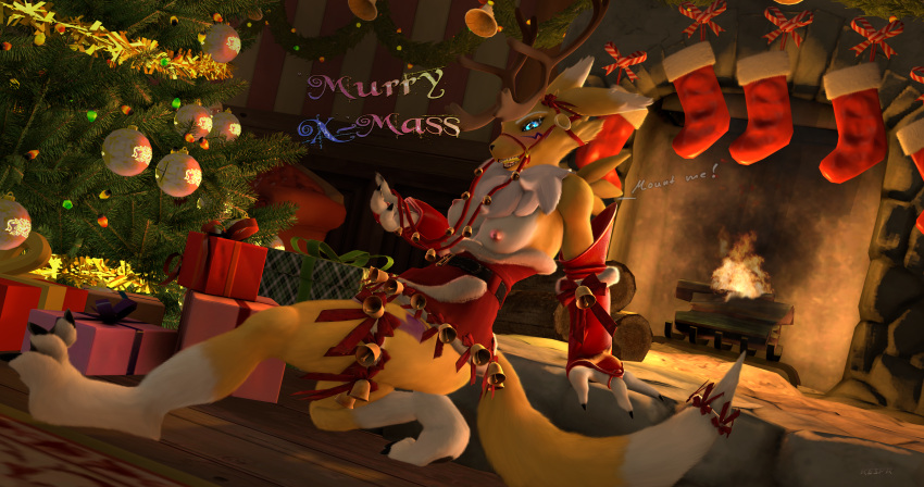 3d_(artwork) absurd_res accessory anthro armwear bandai_namco bell bit_gag black_nose black_sclera blue_eyes breasts bridal_gauntlets christmas christmas_clothing christmas_decorations christmas_present christmas_stocking christmas_tree claws clothed clothing dialogue digimon digimon_(species) digital_media_(artwork) digitigrade dipstick_ears dipstick_tail english_text evergreen_tree facial_markings fake_antlers female fireplace furgonomics gag harness head_markings hi_res holidays inside inviting jewelry kespr leg_markings looking_at_viewer markings multicolored_body multicolored_ears neck_tuft nipples pine_tree plant renamon ring shoulder_tuft solo tail_accessory tail_jewelry tail_markings tail_ring teeth text thigh_markings toe_claws topless topless_female tree tuft two_tone_body white_body yellow_body