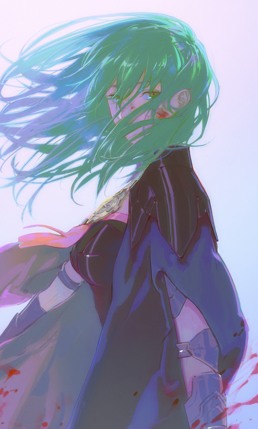 1girl absurdres arm_at_side armor bangs black_coat blood blood_on_clothes blood_on_face breasts byleth_(fire_emblem) byleth_(fire_emblem)_(female) coat covered_mouth enlightened_byleth_(female) fire_emblem fire_emblem:_three_houses floating_hair from_side green_eyes green_hair grey_background hair_over_mouth hair_over_one_eye highres kkia long_hair looking_at_viewer looking_to_the_side outstretched_arm sad solo tassel upper_body wind