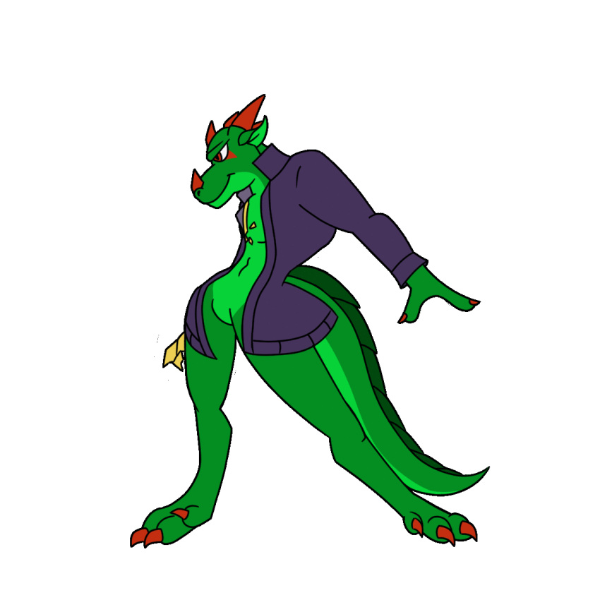 alpha_channel animated anthro arm_above_head claws clothing dancing dancing_kakyoin digitigrade featureless_crotch green_body green_scales hand_behind_back hi_res horn jacket jarate_master lazor_(lazorcrystal) male red_eyes scales smile smirk solo topwear