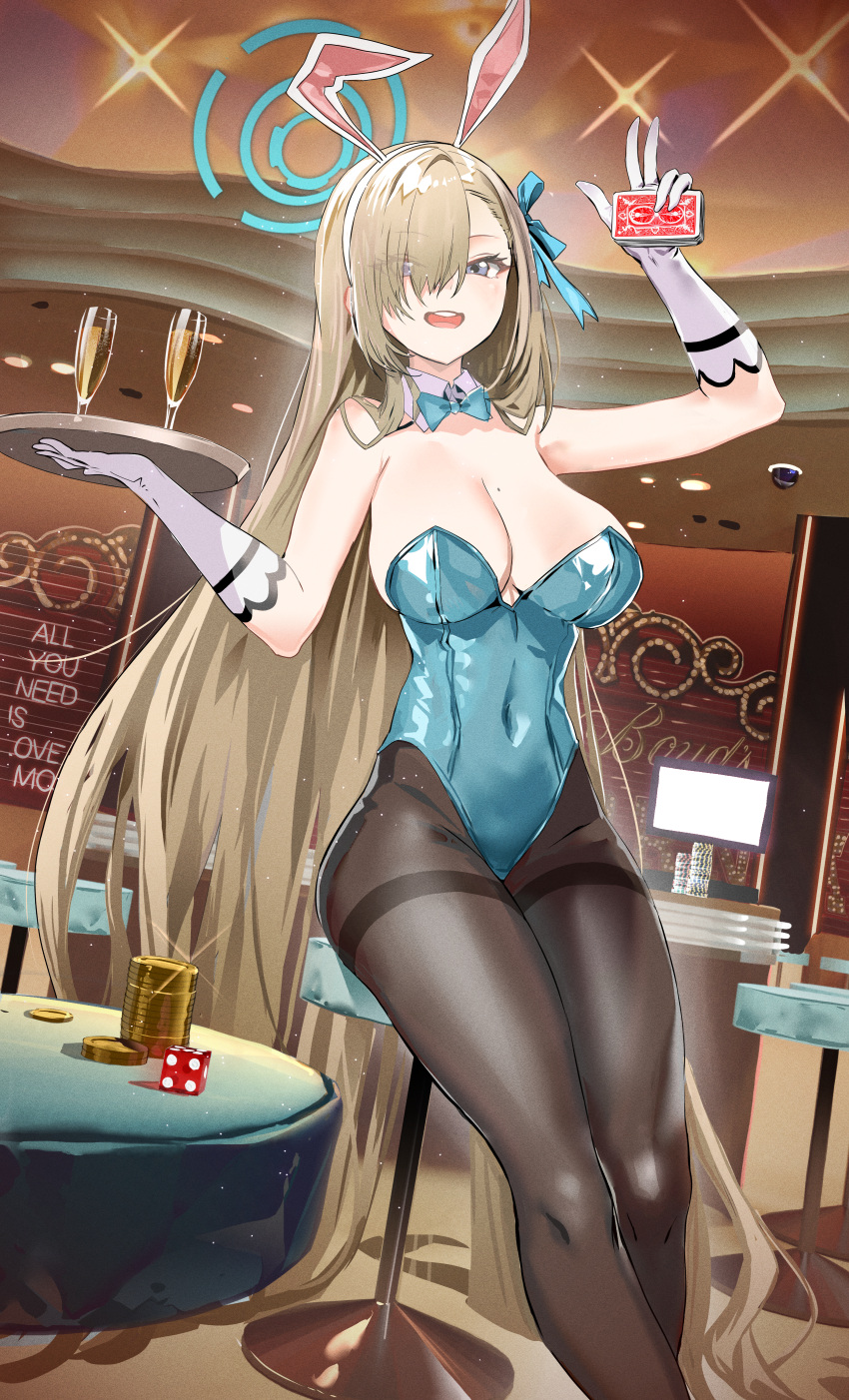 1girl :d absurdres alcohol animal_ears aqua_bow aqua_bowtie aqua_leotard aqua_ribbon asuna_(blue_archive) asuna_(bunny)_(blue_archive) bare_arms bare_shoulders black_legwear blonde_hair blue_archive blue_eyes bow bowtie breasts card casino ceiling_light champagne cleavage commentary cup detached_collar dice eyes_visible_through_hair fake_animal_ears glass gloves gold_coin hair_over_one_eye hair_ribbon halo highleg highleg_leotard highres holding holding_tray indoors leotard light_brown_hair long_hair looking_at_viewer mole mole_on_breast no_bra official_alternate_costume open_mouth pantyhose playboy_bunny ribbon ryoma_(rym_369) shiny shiny_clothes smile solo sparkle stool strapless strapless_leotard table teeth thick_thighs thighs tray upper_teeth very_long_hair w white_gloves