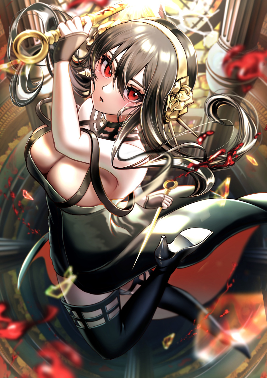 1girl absurdres bangs bare_shoulders black_dress black_gloves black_hair black_legwear blood breasts cleavage dagger dress fingerless_gloves gloves gold_hairband hair_ornament highres knife large_breasts long_hair looking_at_viewer nepodayo open_mouth red_eyes sidelocks solo spy_x_family thighhighs thighs weapon yor_briar