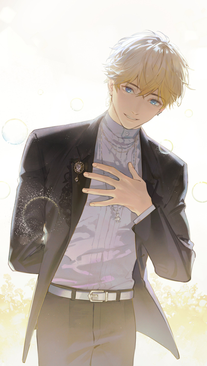 1boy absurdres arm_behind_back bangs belt black_hair black_pants blonde_hair blue_eyes bowing brooch bubble character_request collared_shirt earclip hair_between_eyes hand_on_own_chest highres jewelry kkia light_and_night_love light_particles long_sleeves looking_at_viewer male_focus necklace pants parted_lips pendant shirt short_hair smile solo white_background white_shirt