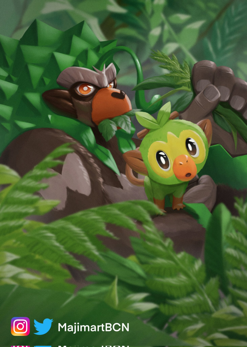 ambiguous_gender anthro black_eyes brown_body brown_fur colored detailed_background digital_media_(artwork) digital_painting_(artwork) duo eating feral fur green_body green_fur grey_markings grookey hi_res humanoid_hands leaf leaf_hair lineless looking_at_viewer majimartbcn markings nintendo orange_eyes orange_muzzle plant plant_hair pok&eacute;mon pok&eacute;mon_(species) pseudo_hair rillaboom signature video_games watermark yellow_face