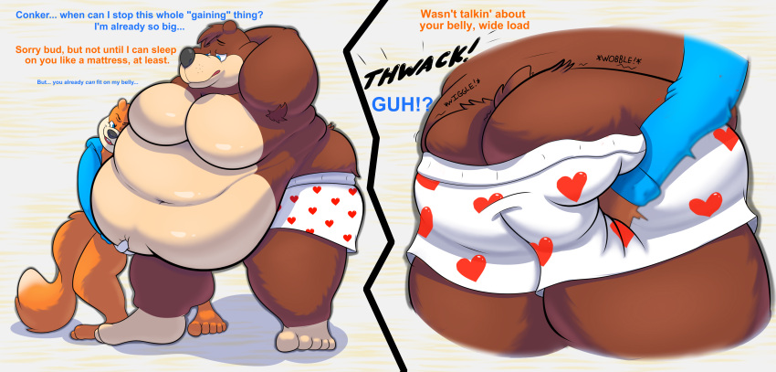 absurd_res anthro banjo-kazooie banjo_(banjo-kazooie) butt conker conker's_bad_fur_day duo hi_res inflatingskunk male male/male mammal overweight rareware rodent sciurid ursid video_games weight_gain