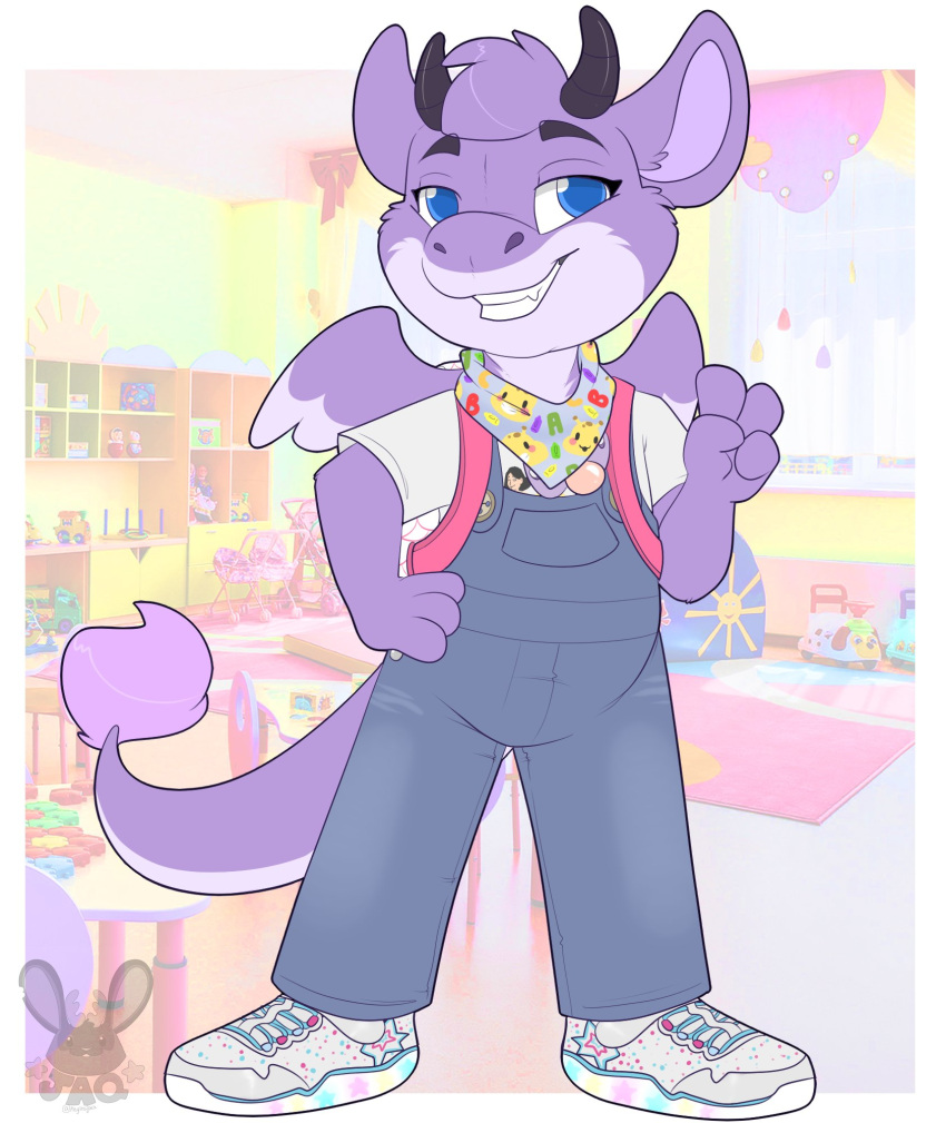 anthro black_eyebrows black_horn blue_eyes button_(fastener) clothed clothing eyebrows front_view fur gesture glistening glistening_eyes grin half-closed_eyes hand_on_hip hi_res horn inside jaqrabbit_(artist) looking_at_viewer male narrowed_eyes neckerchief overalls purple_body purple_ears purple_fur purple_inner_ear purple_tail purple_wings shirt smile solo standing t-shirt tail_tuft teeth topwear tuft v_sign white_clothing white_shirt white_t-shirt white_topwear wings young