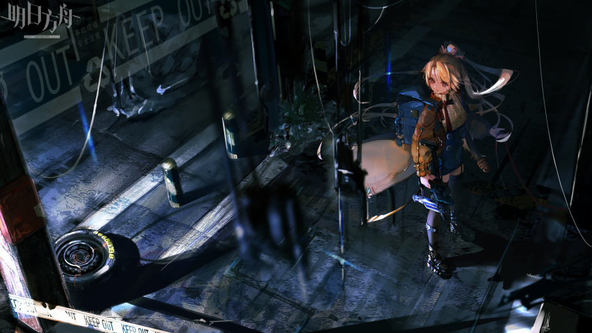 1girl arknights arrow_(symbol) backpack bag bangs black_footwear black_legwear black_skirt blonde_hair blue_bag bow bowtie buttons caution_tape commentary highres holding holding_weapon jacket keep_out keychain kukuzero_neko long_hair long_sleeves looking_afar mary_janes nail_gun open_clothes open_jacket orange_eyes parted_bangs parted_lips pillar pinecone_(arknights) plant ponytail recycling_symbol red_bow red_bowtie shoes skirt solo sweater thighhighs tire weapon white_sweater wide_shot yellow_jacket