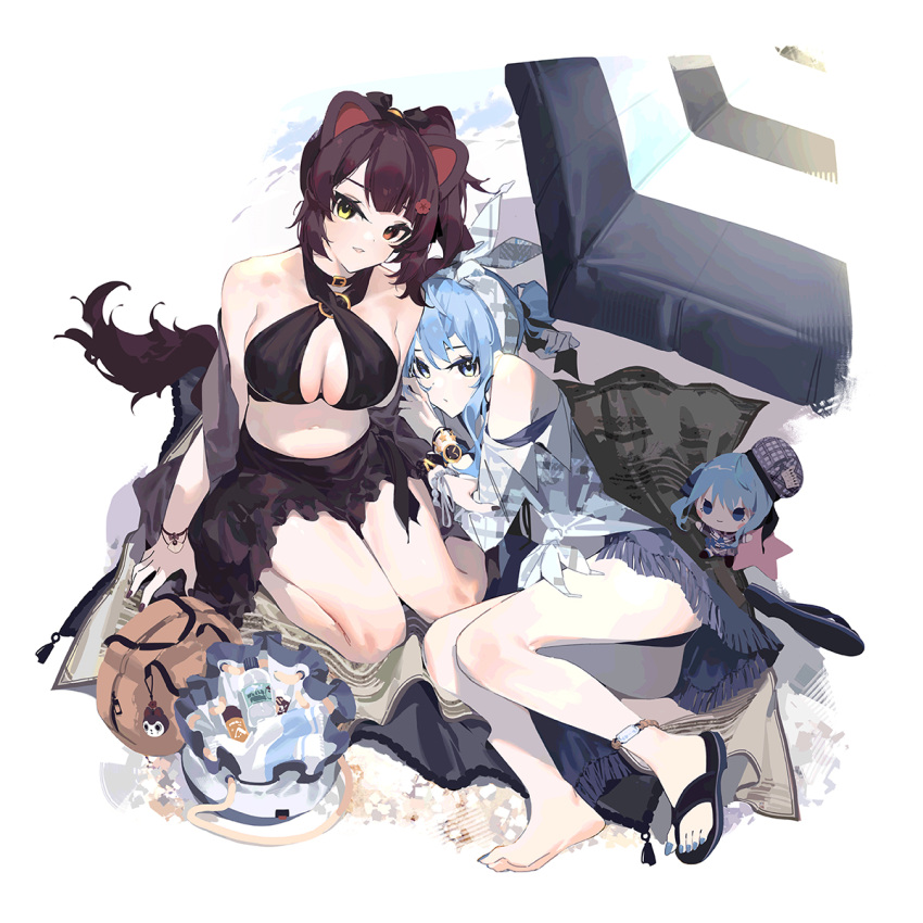 2girls animal_ears ass bare_shoulders barefoot blue_eyes blue_hair blue_skirt bra bracelet breasts choker eyebrows_visible_through_hair feet hair_between_eyes hair_ornament hair_ribbon highres hololive hoshimachi_suisei huge_breasts inui_toko jewelry long_hair mania_(fd6060_60) multiple_girls nail_polish navel nijisanji open_mouth ponytail red_eyes ribbon sandals skirt star_(symbol) stuffed_toy tail thighs toenail_polish toenails underwear watch white_background yellow_eyes