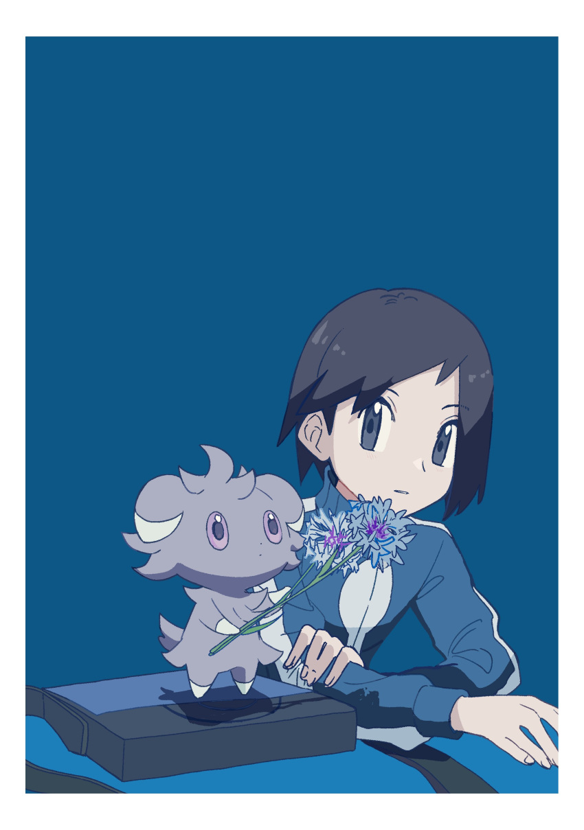 1boy absurdres asagiri_kogen bag_removed bangs black_hair blue_background blue_jacket border calem_(pokemon) closed_mouth espurr flower grey_eyes highres holding holding_flower jacket long_sleeves male_focus pokemon pokemon_(creature) pokemon_(game) pokemon_xy short_hair turtleneck turtleneck_jacket white_border