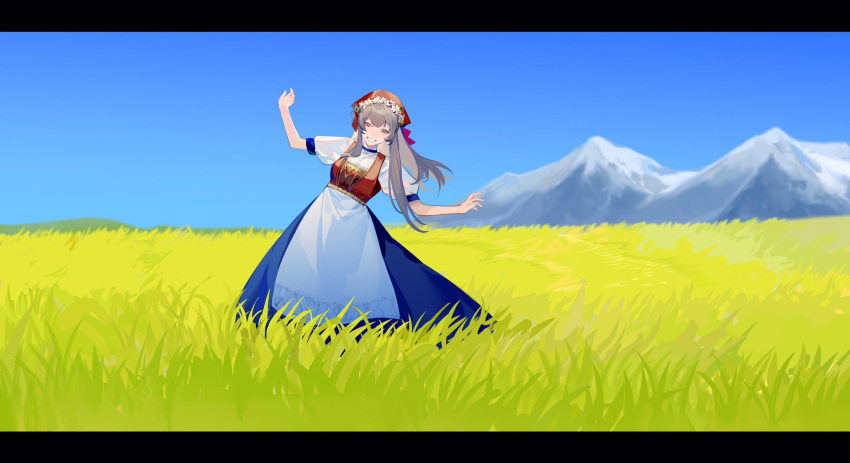 1girl apron bangs breasts clothing_request dancing day dress field flower_wreath grass grey_hair grin hand_up happy head_scarf head_wreath headdress highres horizon leaning_to_the_side letterboxed long_hair looking_at_viewer meru02295238 mountain nature original outdoors outstretched_arms puffy_short_sleeves puffy_sleeves red_headwear short_sleeves smile solo standing symbol-only_commentary waist_apron