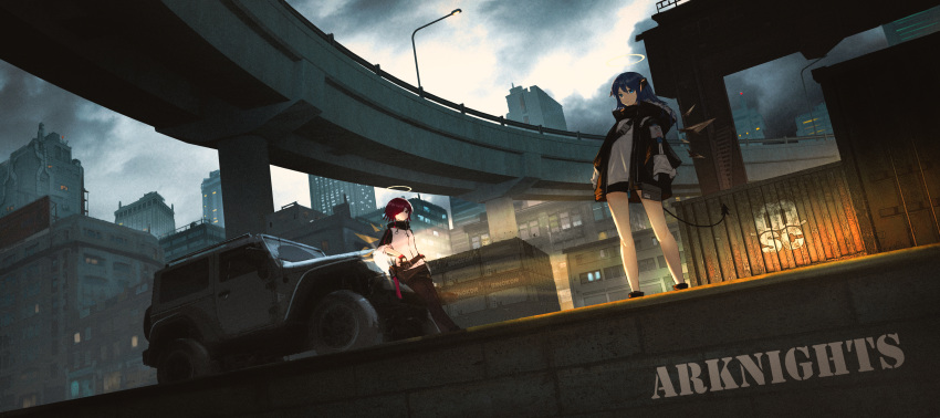 2girls absurdres arknights bare_legs belt belt_pouch black_belt black_coat black_gloves black_horns black_legwear black_shorts black_skirt black_sleeves black_wings blue_eyes blue_hair building car city cityscape cloud cloudy_sky coat commentary concrete copyright_name crossed_ankles demon_horns demon_tail energy_wings english_commentary exusiai_(arknights) fingerless_gloves gloves grey_background ground_vehicle hair_over_one_eye halo harbor headlight highres highway horns icyee jacket jeep lamppost leaning_on_object looking_at_viewer miniskirt mostima_(arknights) motor_vehicle multiple_girls outdoors overpass pouch red_eyes red_hair red_ribbon ribbon scenery shipping_container shirt short_hair short_shorts shorts shoulder_strap skirt sky sleeves_pushed_up standing tail white_jacket white_shirt wide_shot wings