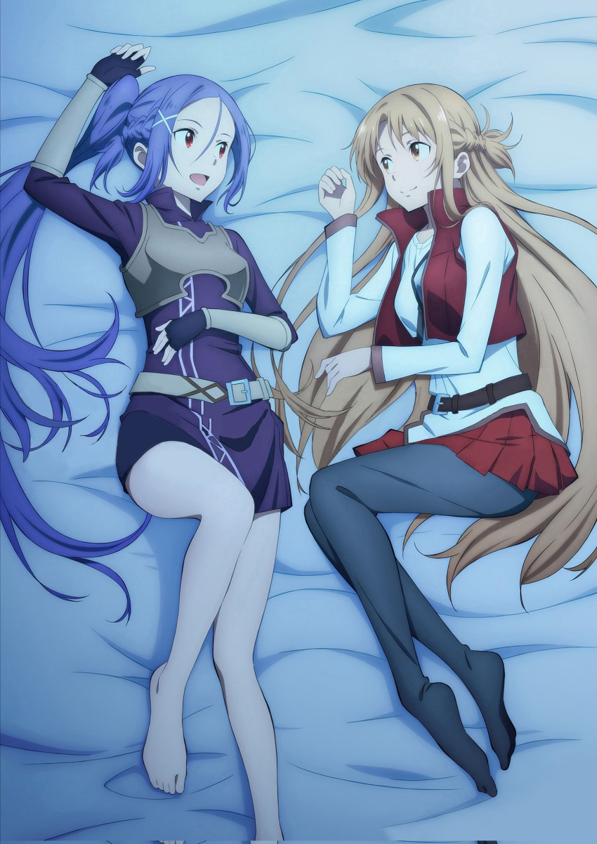 2girls artist_request asuna_(sao) bare_legs barefoot bed blue_hair braid breasts brown_eyes brown_hair dress feet french_braid highres long_hair looking_at_another medium_breasts mito_(sao) multiple_girls pleated_skirt ponytail purple_dress purple_skirt red_eyes red_skirt skirt sleeveless sleeveless_dress sword_art_online sword_art_online_progressive thighhighs third-party_edit white_dress white_sleeves yuri