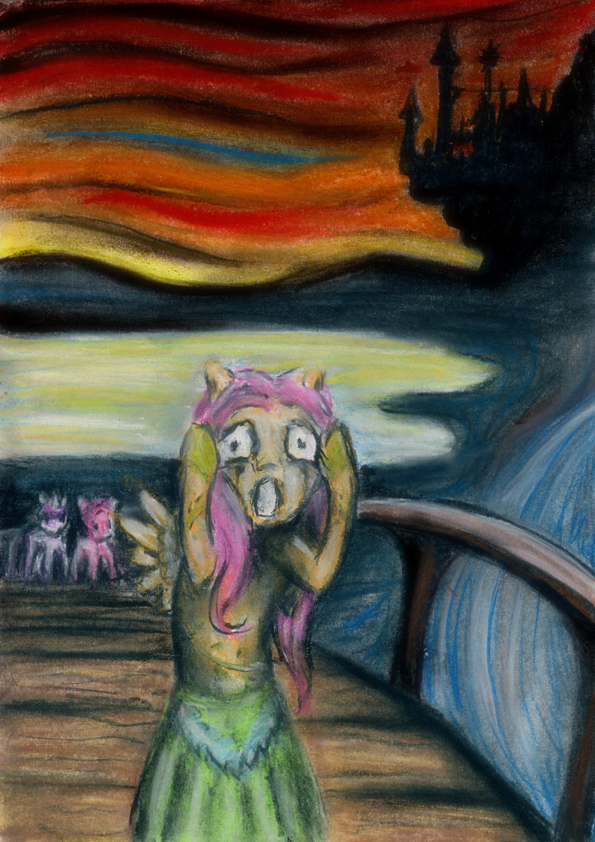 2012 absurd_res anthropony bridge canterlot castle clothed clothed_feral clothing detailed_background dress earth_pony equid equine female feral fluttershy_(mlp) friendship_is_magic front_view group hasbro hi_res horn horse inspired_by_formal_art lake mammal mountain my_little_pony open_mouth outside pastel_(artwork) pegasus pinkie_pie_(mlp) pony railing screaming solo_focus standing the_scream traditional_media_(artwork) trio twilight twilight_sparkle_(mlp) unicorn wings