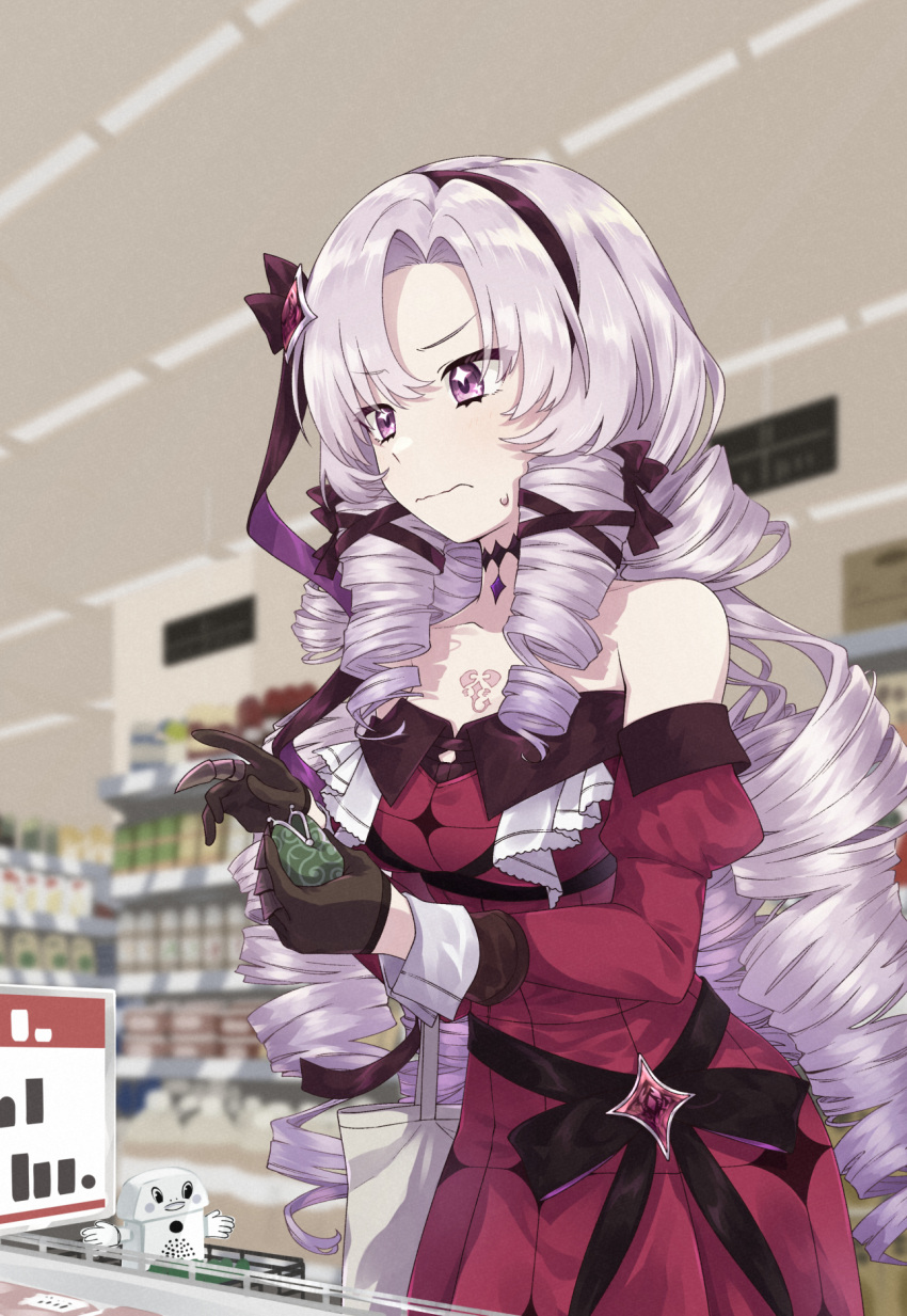 1girl bangs bare_shoulders brown_gloves brown_hairband brown_ribbon chest_tattoo claw_ring closed_mouth dress drill_hair gloves hair_ribbon hairband highres holding holding_wallet hyakumantenbara_salome indoors karakusa_(pattern) light_purple_hair long_hair long_sleeves looking_at_viewer looking_away nijisanji red_dress ribbon shop solo sumiya_nadateru sweatdrop tattoo very_long_hair virtual_youtuber wallet