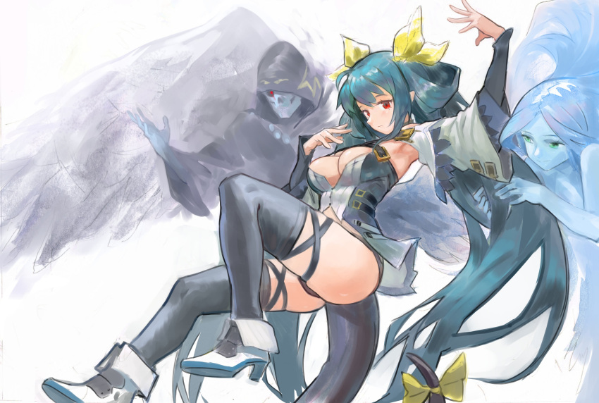 1girl absurdres angel_wings arm_up armpits ass asymmetrical_wings bangs belt black_legwear blue_hair breasts choker cleavage closed_mouth clothing_cutout detached_sleeves dizzy_(guilty_gear) expressionless glowing glowing_eye green_eyes guilty_gear guilty_gear_xrd hair_rings high_heels highres large_breasts letro long_hair mature_female monster_girl necro_(guilty_gear) pose red_eyes ribbon sidelocks simple_background sketch solo tail tail_ornament tail_ribbon thigh_strap thighhighs thighs twintails undine_(guilty_gear) white_background wings