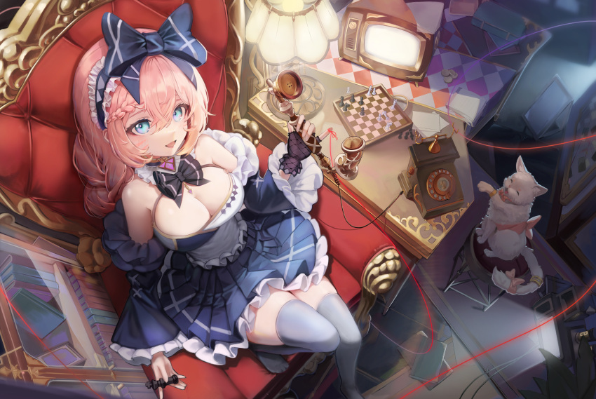 1girl :d absurdres apron bangs black_bow black_bowtie blue_bow blue_dress blue_eyes bookshelf bow bow_hairband bowtie breasts cat chess_piece chessboard cleavage corded_phone detached_collar dress facial_mark fingerless_gloves frilled_apron frilled_hairband frills from_above from_behind gloves grey_legwear hair_between_eyes hairband highres holding holding_chess_piece holding_phone indoors knee_up l4timeria lantern large_breasts long_hair long_sleeves looking_at_viewer original phone pink_hair pleated_dress rotary_phone single_fingerless_glove smile solo string string_of_fate television thighhighs white_apron