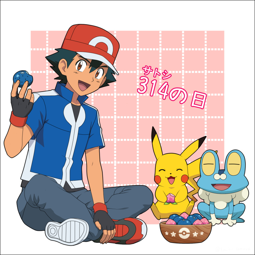 1boy :d ash_ketchum bangs berry_(pokemon) black_gloves black_hair black_shirt blue_jacket bowl brown_eyes commentary_request fingerless_gloves froakie gloves grey_pants hat highres holding jacket male_focus open_mouth oran_berry pants pikachu poke_ball_print pokemon pokemon_(anime) pokemon_(creature) pokemon_xy_(anime) red_footwear red_headwear shirt shoes short_hair short_sleeves sitting smile star_(symbol) tamura_(kouititamura) tongue