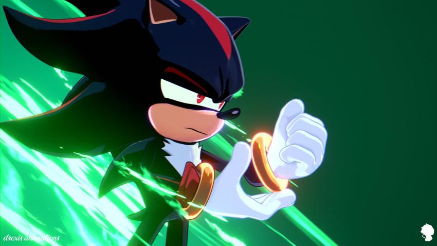 1boy artist_logo artist_name black_fur drexis_anim fire frown gauntlets gloves green_fire half-closed_eyes highres looking_to_the_side male_focus multicolored_fur pointy_nose red_eyes red_fur shadow_the_hedgehog signature solo sonic_(series) spiked_hair white_fur wristband