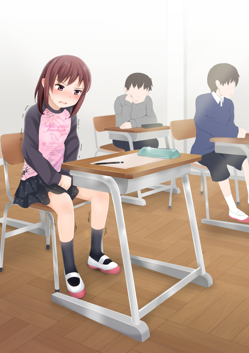 1girl 2boys bangs between_legs black_legwear black_skirt blush breasts brown_hair chair clothes_writing commentary_request desk embarrassed english_text faceless faceless_male flat_chest gokiburi_no_dashi hand_between_legs have_to_pee highres indoors long_sleeves medium_breasts miniskirt multiple_boys nose_blush on_chair open_mouth original own_hands_together paper pencil pencil_case pink_shirt raglan_sleeves red_eyes school_chair school_desk shirt shoes sidelocks sitting skirt socks solo_focus sweat trembling v-shaped_eyebrows white_footwear wooden_floor
