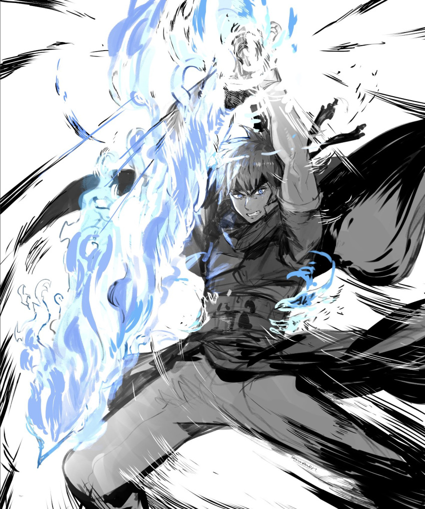 1boy blue_eyes blue_fire cape cape_lift clothes_lift fire fire_emblem fire_emblem:_path_of_radiance flaming_sword flaming_weapon frown greyscale headband highres ike_(fire_emblem) looking_at_viewer male_focus monochrome muscular muscular_male pants shirt_lift solo spiked_hair teeth weapon yourfreakyneighbourh