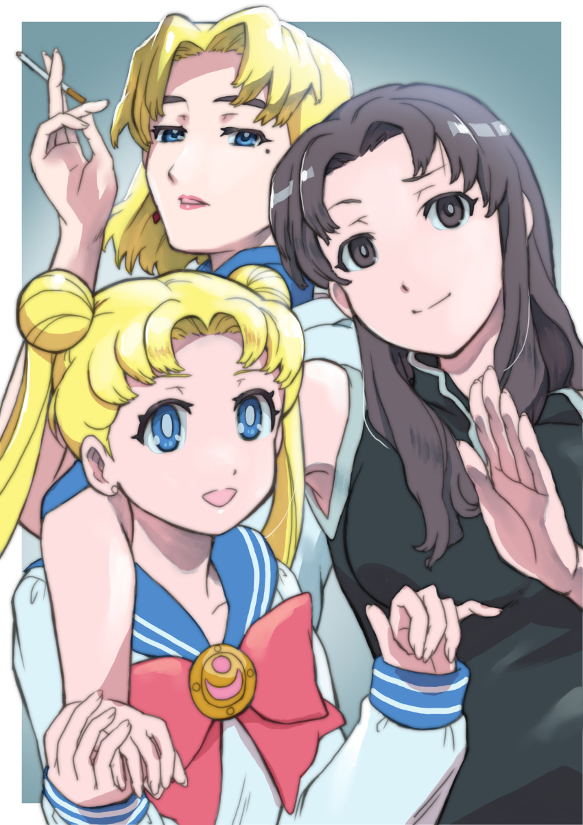 3girls absurdres akagi_ritsuko bishoujo_senshi_sailor_moon blonde_hair blue_eyes bow cigarette crossover highres k_katora katsuragi_misato mole mole_under_eye multiple_girls neon_genesis_evangelion open_mouth red_bow smile tsukino_usagi