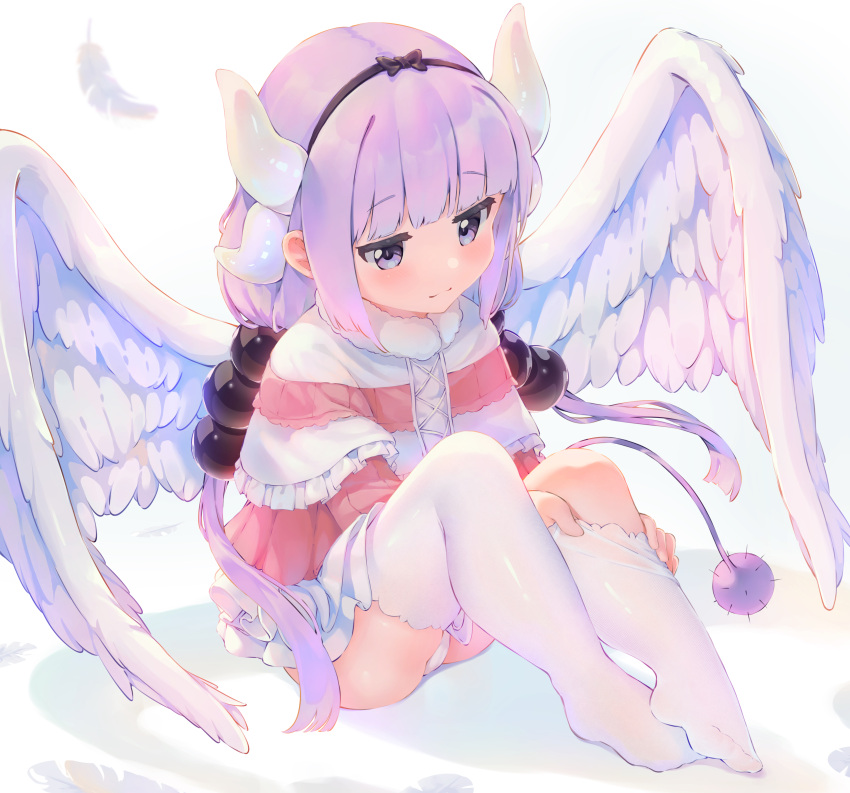 1girl absurdres adjusting_clothes adjusting_legwear angel_wings bangs beads black_hairband blue_eyes blunt_bangs blush capelet commentary_request dragon_girl dragon_horns dress dressing feathers frilled_capelet frilled_dress frills full_body fur_collar hair_beads hair_ornament hairband highres horns jiyasu kanna_kamui kobayashi-san_chi_no_maidragon light_purple_hair long_hair low_twintails panties pantyshot sitting smile solo tail thighhighs thighhighs_pull twintails underwear white_legwear white_panties wings