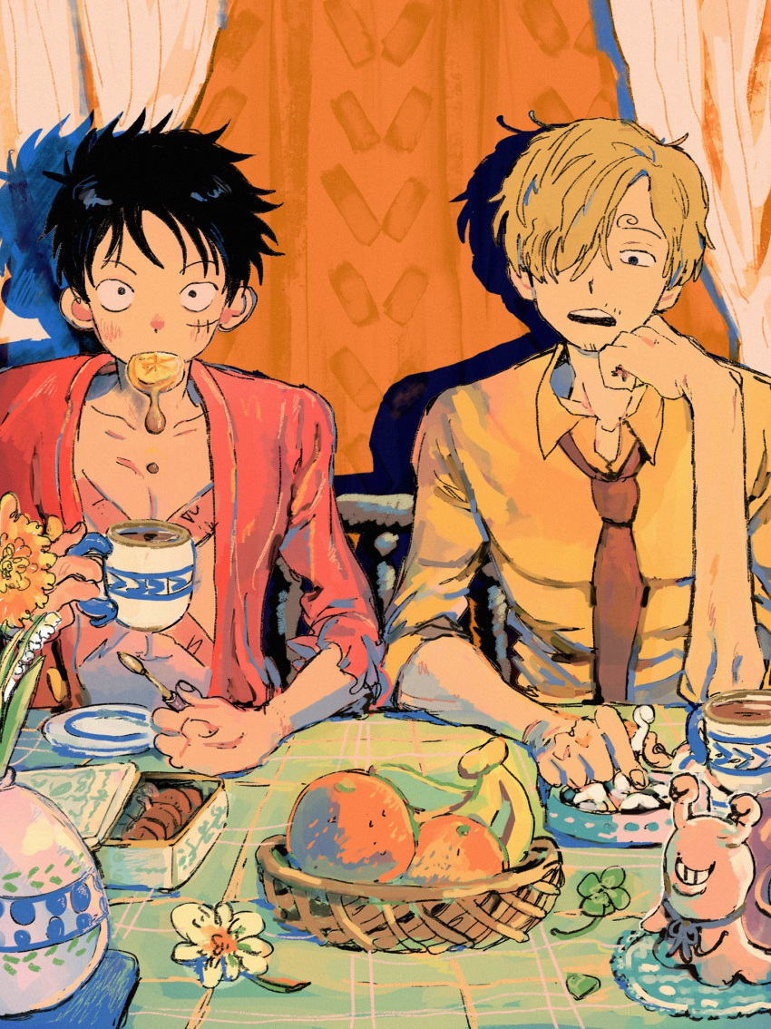 2boys banana black_hair blonde_hair cup eating flower food fruit hair_over_one_eye highres indoors makenevemoiine male_focus monkey_d._luffy multiple_boys necktie one_piece orange_(fruit) sanji snail tea teacup