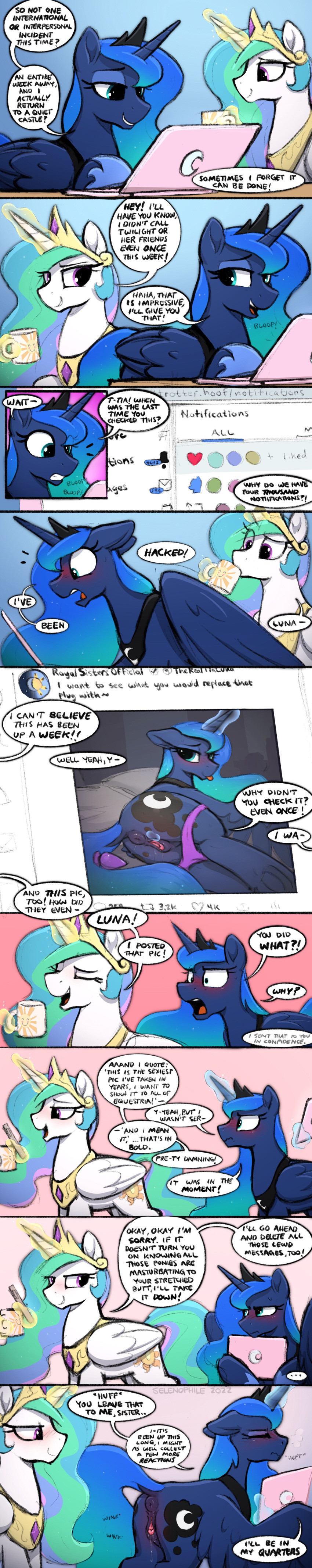 2022 absurd_res anus blush butt buttplug clothing cutie_mark dialogue duo english_text equid equine eyelashes eyes_closed female feral friendship_is_magic genitals hasbro hi_res horn long_image mammal my_little_pony open_mouth plug_(sex_toy) princess_celestia_(mlp) princess_luna_(mlp) pussy selenophile sex_toy sibling simple_background sister sisters smile tall_image text tongue tongue_out winged_unicorn wings
