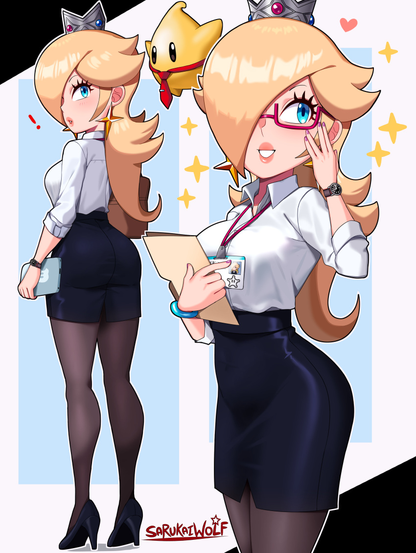 ! 1girl absurdres alternate_costume ass black_footwear black_skirt blue_eyes bracelet crown eyelashes glasses hair_over_one_eye heart high_heels highres jewelry lanyard looking_back luma_(mario) mario_(series) mini_crown necktie office_lady open_collar pantyhose pencil_skirt rosalina sarukaiwolf semi-rimless_eyewear skirt smile standing star_(symbol) super_mario_galaxy watch wristwatch