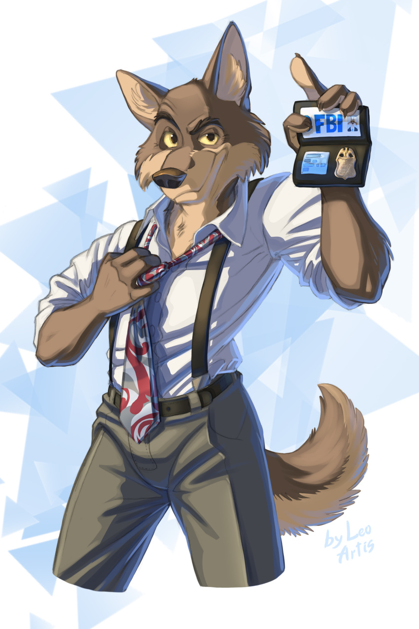 2022 absurd_res agent anthro badge belt blacksad bottomwear canid canine canis clothing coyote detective digital_media_(artwork) fbi gradient_background hi_res identification leo-artis male mammal necktie pants shirt simple_background smile solo topwear triangle_(shape) video_games white_clothing white_shirt white_topwear