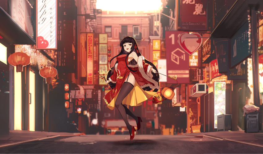 1girl :d absurdres ad alternate_costume balcony banner bare_shoulders billboard black_hair black_legwear branch brown_eyes building china_dress chinese_clothes chinese_commentary chinese_new_year city coat commentary door dress eyebrows_behind_hair eyeshadow floating full_body fur-trimmed_coat fur_trim happy_new_year high_heels highres holding holding_branch holding_lantern houraisan_kaguya jeweled_branch_of_hourai lantern long_hair looking_at_viewer makeup open_mouth outdoors paper_lantern red_coat red_dress red_footwear road sidelocks sidewalk smile solo street teeth thighhighs touhou upper_teeth very_long_hair wb_yimo window