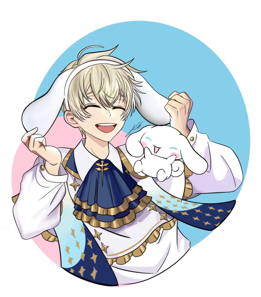 angel animal_ears bangs blonde_hair cinnamoroll closed_eyes highres kim luke_(obey_me!:_one_master_to_rule_them_all!) obey_me!:_one_master_to_rule_them_all! rabbit_ears sanrio smile