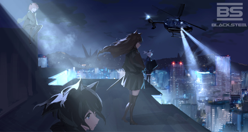 4girls aircraft animal_ears arknights black_legwear black_shirt black_steel_logo blonde_hair blue_eyes blue_jacket blue_skirt brown_eyes brown_hair brown_legwear building cat_ears cityscape closed_mouth cloud commentary dragon_horns fox_ears franka_(arknights) frown green_jacket grey_eyes grey_hair grey_skirt helicopter highres holding holding_shield horns jacket jessica_(arknights) liskarm_(arknights) looking_afar looking_at_another multiple_girls on_roof outdoors pantyhose ponytail searchlight shield shirt shoes skirt sky skyscraper thighhighs vanilla_(arknights) wb_yimo yellow_eyes