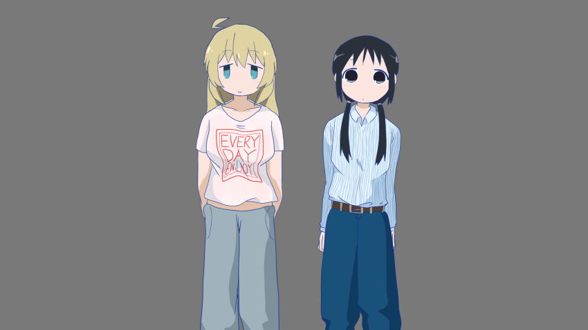 2girls black_eyes black_hair blonde_hair blue_eyes blue_pants blue_shirt casual chito_(shoujo_shuumatsu_ryokou) clothes_writing denim highres jeans long_hair long_sleeves multiple_girls pants readybug shirt short_sleeves shoujo_shuumatsu_ryokou twintails white_shirt yuuri_(shoujo_shuumatsu_ryokou)