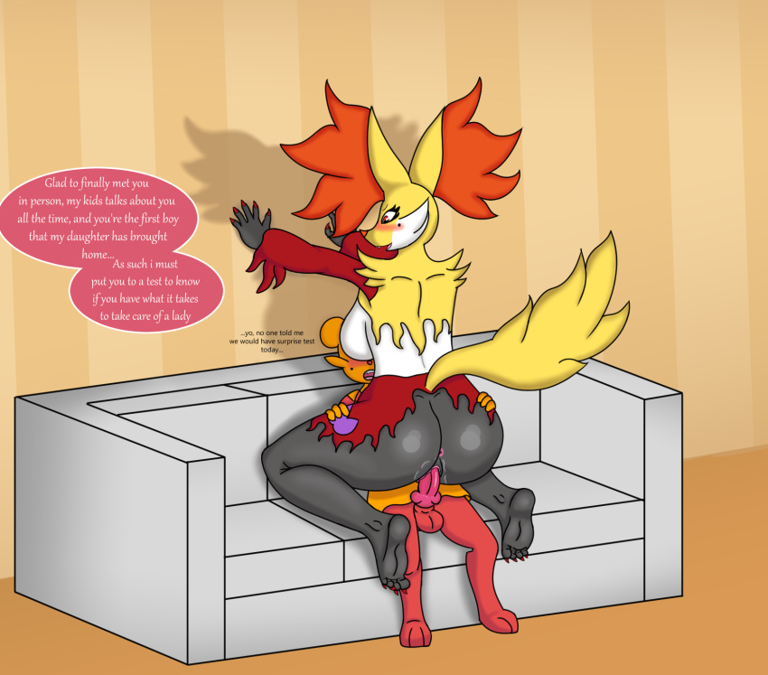 afc age_difference anthro breasts daphne_(afc) delphox dialogue duo female female_on_top hi_res holding_waist male male/female markings mature_female mienfoo mole_(marking) mother-in-law nintendo on_top penetration pok&eacute;mon pok&eacute;mon_(species) sex vaginal vaginal_penetration video_games