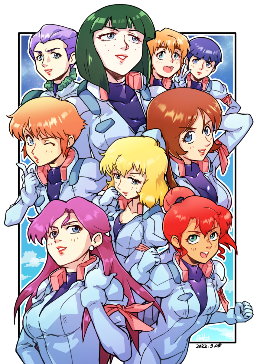 6+girls blonde_hair blowing_kiss blue_eyes breasts brown_hair connie_francis dated earrings francesca_o'hara freckles green_eyes gundam helen_jackson highres jewelry juca_meilasch junko_jenko kate_bush long_hair mahalia_merril medium_breasts miliera_katan multiple_girls one_eye_closed peggy_lee pilot_suit ponytail purple_hair red_hair saika_(pixiv43370196) short_hair shrike_team_(victory_gundam) undershirt unzipped victory_gundam