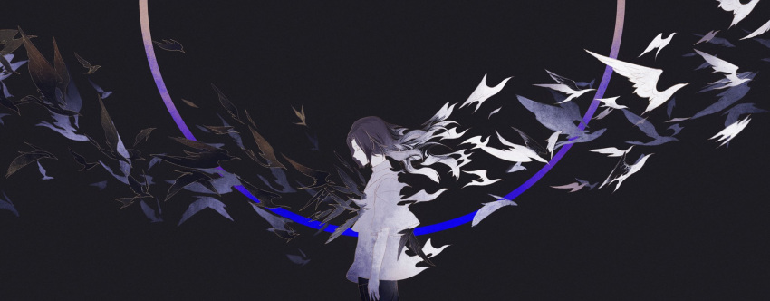 arm_at_side bird black_background black_hair character_request circle closed_eyes cowboy_shot dissolving dissolving_clothes floating_hair flock forever_7th_capital from_side gradient grey_hair highres long_hair meru02295238 profile short_sleeves solo standing