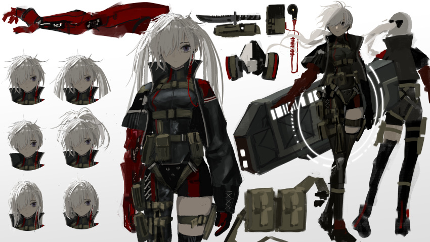1girl belt black_jacket closed_mouth dagger earpiece hair_over_one_eye highres jacket knife looking_at_viewer mechanical_arms medium_hair multiple_views narue original pouch prosthesis prosthetic_arm purple_eyes respirator single_mechanical_arm thigh_belt thigh_strap twintails twitter_username weapon white_hair