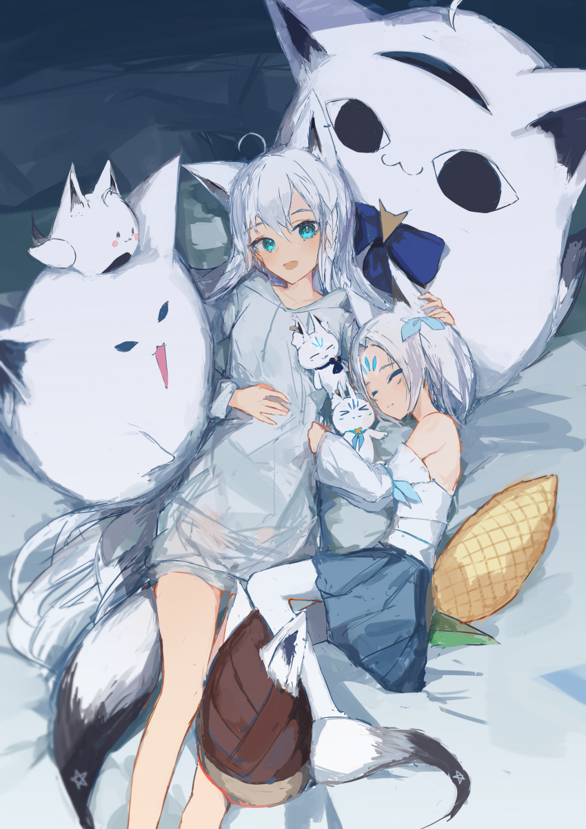 2girls :d absurdres ahoge animal_ear_fluff animal_ears bangs bare_shoulders bed_sheet blue_eyes blue_ribbon blue_skirt character_request commentary_request corn detached_sleeves drawstring ear_ribbon eyebrows_visible_through_hair facial_mark feet_out_of_frame forehead forehead_mark fox_ears fox_girl fox_tail fubuzilla_(shirakami_fubuki) grey_hoodie hair_between_eyes hand_on_another's_head highres hololive hood hood_down hoodie ichika_(ichika87) long_hoodie long_sleeves lying multiple_girls on_back on_side pantyhose pleated_skirt ribbon shirakami_fubuki shirt skirt sleeves_past_wrists smile sukonbu_(shirakami_fubuki) tail virtual_youtuber white_legwear white_shirt white_sleeves wide_sleeves