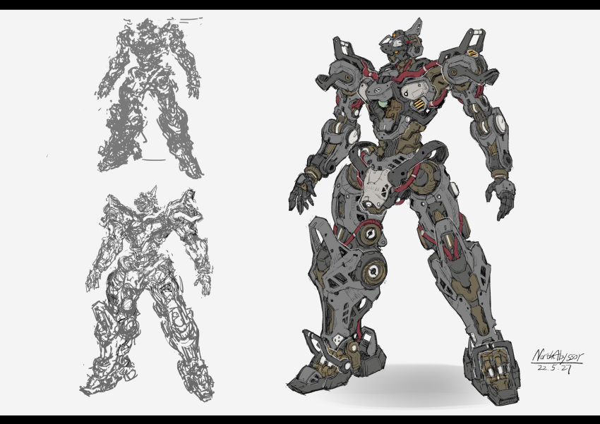 absurdres artist_name cable dated grey_background highres letterboxed making-of mecha no_humans north_abyssor orange_eyes original science_fiction standing