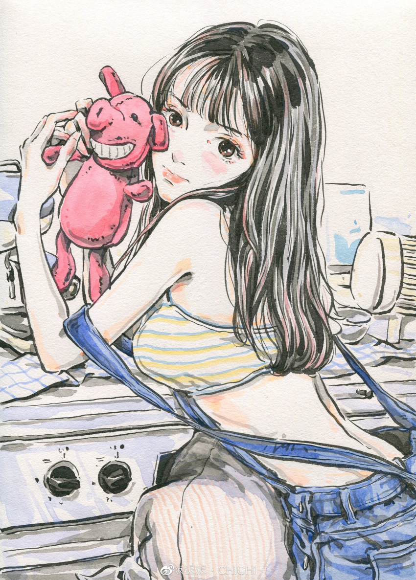 1girl absurdres bad_link bare_shoulders black_hair bowl chichi_chichi closed_mouth hair_strand highres indoors kitchen knob leaning looking_back original oven overalls painting_(medium) pants pillow shirt solo strap striped striped_shirt stuffed_animal stuffed_toy traditional_media upper_body