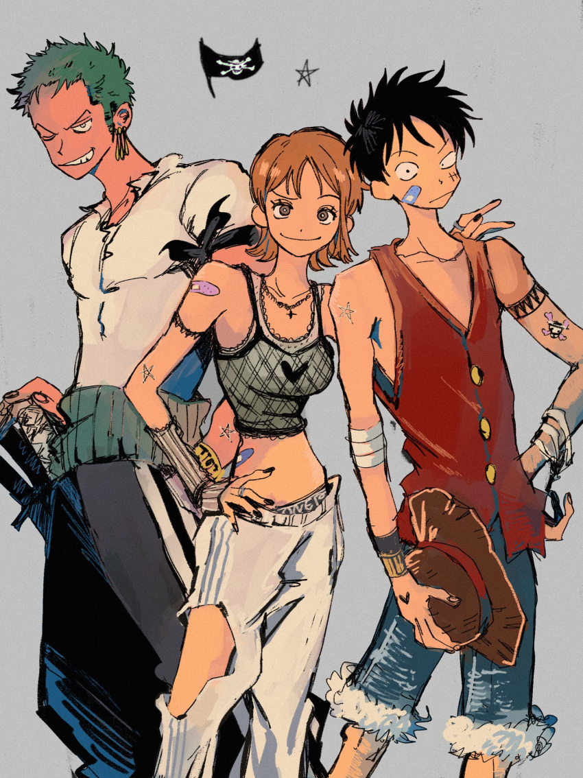 alternate_costume bandaid bandaid_on_face black_hair casual green_hair grin haramaki hat hat_removed headwear_removed highres makenevemoiine monkey_d._luffy nami_(one_piece) one_piece orange_hair pants roronoa_zoro short_hair short_sleeves sleeveless smile straw_hat