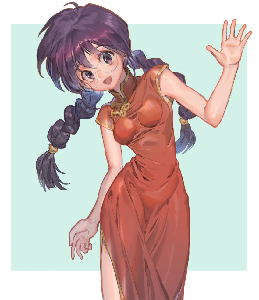 1girl braid breasts china_dress chinese_clothes commentary_request dress eyebrows_visible_through_hair freckles glasses hand_up highres long_hair looking_at_viewer medium_breasts open_mouth purple_eyes purple_hair ri_kouran round_eyewear sakura_taisen simple_background smile solo standing tanakalma twin_braids twintails waving