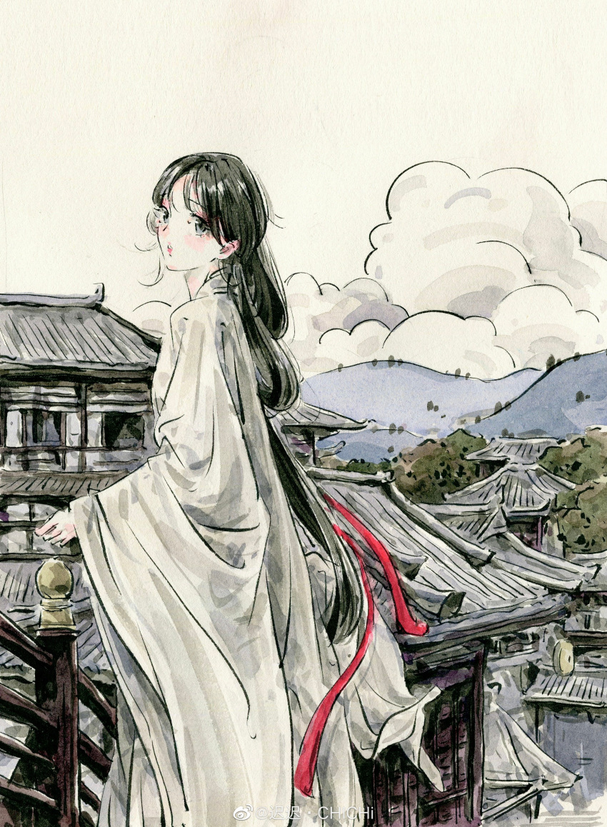 1girl absurdres architecture black_hair building chichi_chichi cloud dress east_asian_architecture fence forest hair_rings hair_strand highres long_hair long_sleeves looking_back mountain nature open_mouth original painting_(medium) ponytail solo traditional_media upper_body white_dress