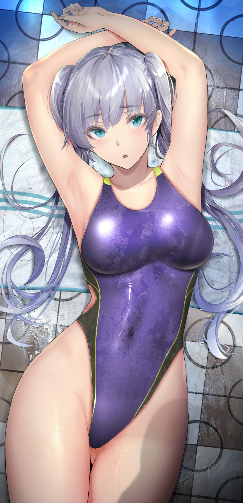 1girl absurdres aqua_eyes armpits arms_up bangs blue_swimsuit breasts commentary_request competition_swimsuit covered_navel cowboy_shot eyebrows_visible_through_hair gentsuki grey_hair highleg highleg_swimsuit highres kimi_omou_koi kuroe_(kimi_omou_koi) large_breasts long_hair looking_at_viewer lying on_back one-piece_swimsuit parted_lips solo swimsuit thighs twintails